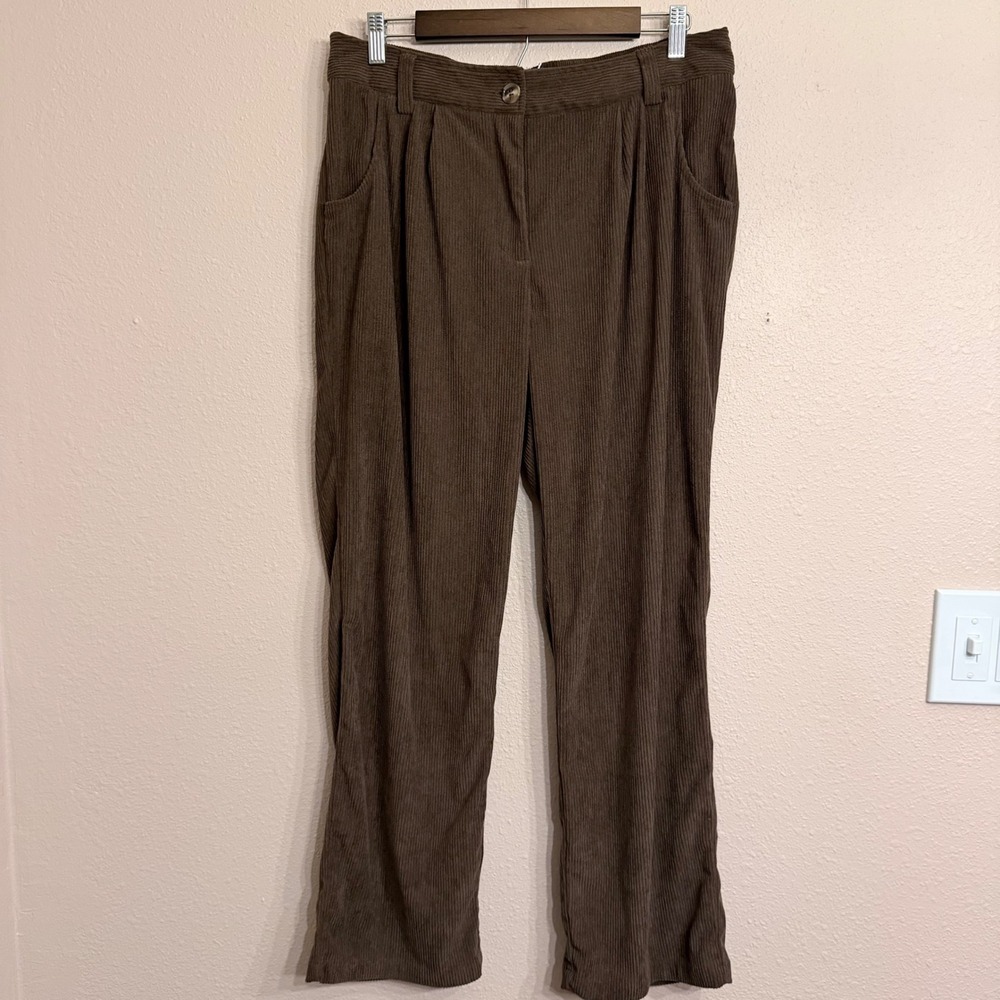 Halara Brown Corduroy Pleated High Waisted Straight Leg Pants Women Large